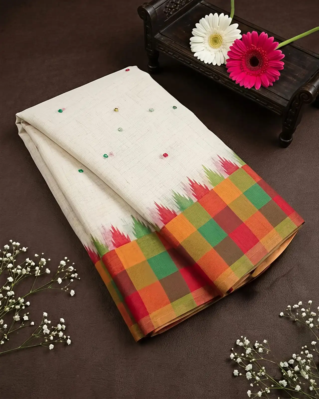 Off - White Linen Multi-checks Pattern Saree